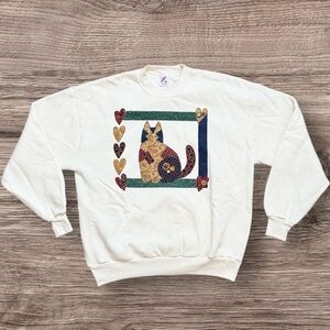 Handmade Vintage Cat Sweatshirt Embellished Quilt Appliqué USA XL